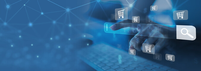 businesswoman using laptop and icon network connection data with growth graph customer, digital mark