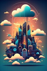 illustration, cloud computing connects smart city wireless technology ,generative ai