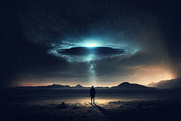 Wall Mural - flying saucer flies at night in sky oversilhouette of man standing in field. invasion of extraterres