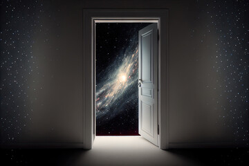 Wall Mural - open door stretching into space galaxy background. magic portal to another world. concept of dreams 
