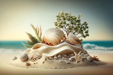 Poster - Seashore with lovely seashells and space for a product or advertisement. Generative AI