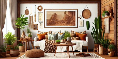 Mockup frame in interior background, room in warm tone, Scandi-Boho style, Generative AI