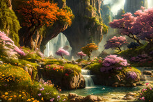 A Waterfall In A Forest With Trees And Flowers Blooming. Generative AI.