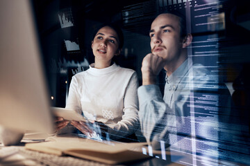 Fototapete - Teamwork, cyber security and programming with business people at computer for planning, developer and 3d hologram. Software, infographic and future with employee for coding, technology and digital