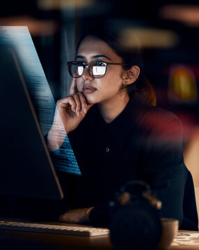 hologram, programming and thinking with woman at computer for software, idea and coding at night. da