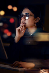 Poster - Woman, night office and thinking at computer for seo planning, pc research or ideas in dark. Female worker, desktop technology and overtime with online network, data solution and internet strategy