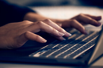 Poster - Laptop, hands and business woman typing in office, working on email or project online. Technology, computer keyboard or female professional writing reports, planning or internet research in workplace