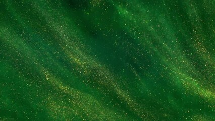 Wall Mural - a movement of gold dust particles in green fluid. a moving, flowing, stream of golden particles in s