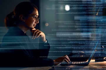 Fototapete - Programming, coding and thinking with woman at laptop with hologram overlay for software, idea and digital at night. Data analytics, technology and future with employee for media, database and matrix