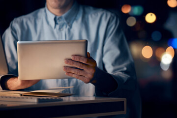 Poster - Hands, tablet and business man in office working late on project, email or research at night. Bokeh, technology and male employee with digital touchscreen for networking, social media or web browsing