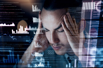 Poster - Headache, night or overlay man programmer with hologram charts, futuristic information or 404 error anxiety. Stress, mental health or sad developer with tech for depression, burnout or work deadline
