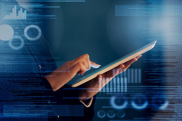 Poster - Hand, tablet and overlay in night at office for analysis, holographic web design or tech innovation. Woman, mobile touchscreen and iot with 3d hologram ux, search or typing on website ui in workplace