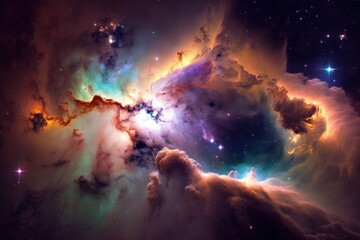 Wall Mural - Bright galactic nebulae. Stardust in space, stars in cloud of gas. Beauty of the universe. Colorful cosmos background. Generative AI
