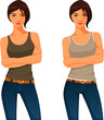 illustration of a confident young woman with short hair, standing with her arms crossed, wearing tank top and jeans