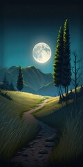 Canvas Print - nighttime path across a mountain hill. scenery with trees on a meadow with worn out grass under the light of the full moon. ridge beneath a hazy sky in the distance. the breathtaking Carpathians