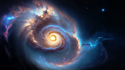 Fototapete - Birth of a star in space during a nebula explosion. Nuclear fusion of cosmic clouds of gas and dusts spinning. Universe background. Generative ai