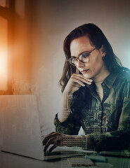 Poster - Woman, laptop and thinking in night with overlay of city, metro or buildings at office for idea, IT or career goal. Web design expert, computer and brainstorming at desk with focus, innovation or seo
