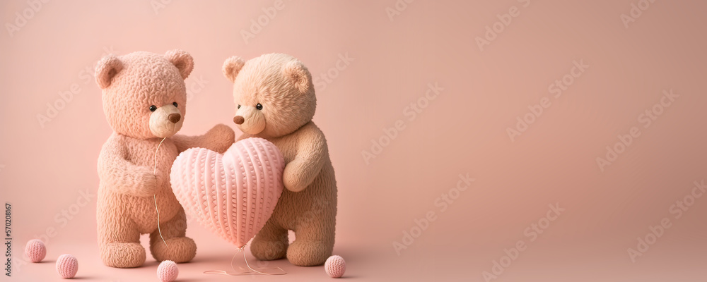 Cute teddy bear couple holding valentine heart shape balloon on pink ...