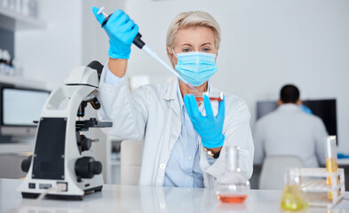 Aufkleber - Woman, doctor and micro pipette for vaccine experiment, sample or tube testing in scientific research or exam in lab. Female scientist or medical expert working with chemicals in science laboratory