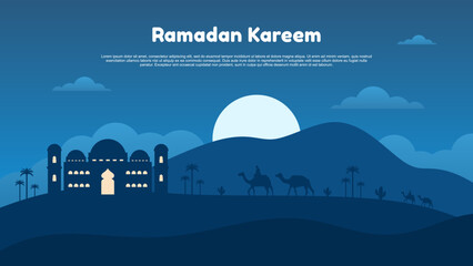 Canvas Print - Ramadan kareem background with mosque, moon, mountain and people on camel at night,