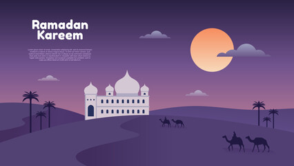 Canvas Print - Ramadan kareem background with mosque, moon, desert and people on camel at night,