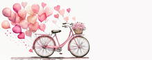 Watercolor Bicycle With Many Pink Cute Heart Shape Balloons Illustration Banner, Valentine And Love Graphic Resource. Space For Copy. Generative AI