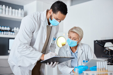 Poster - Science, paperwork and people medical mask in laboratory compliance, safety or virus data analysis in teamwork. Vaccine, medicine and pharmaceutical development documents or checklist of scientist