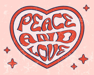 Poster - Love and Peace phrase in heart shape, groovy poster in 1970s style, lettering in groovy style, vector banner, poster, card with quotation in 70s old fashioned style.