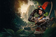 Art of brave conquistador from past with plate armor in tropical jungle of island.