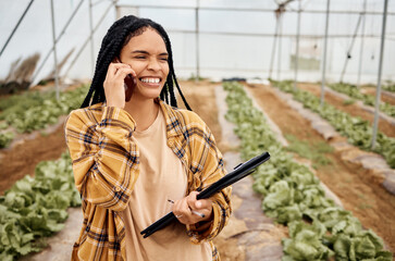 Poster - Greenhouse, phone call and black woman in agriculture food, agro vegetables business and farming networking. Eco friendly, gardening and sustainability person or farmer in supply chain communication