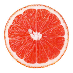Wall Mural - Top view of textured ripe slice of pink grapefruit citrus fruit isolated on transparent transparent