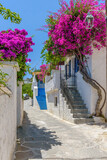 Fototapeta Do akwarium - Traditional Cycladitic alley with a narrow street, whitewashed houses and a blooming bougainvillea in lefkes village, Paros island, Greece.
