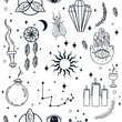 Esoteric pattern on a white background in hand drawn style. Doodle. Vector illustration. Magic, evil eye, Dream Catcher, constellation, candles, fly, magic. trendy design. Print for wrapping 