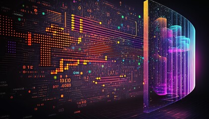 Poster - Big data matrix visualization binary number motherboard background. High speed microchip smart mind network. Generative AI technology.