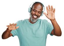 A Happy Carefree Senior Black Man Dancing While Listening To Music With Headphones Isolated On A Png Background.