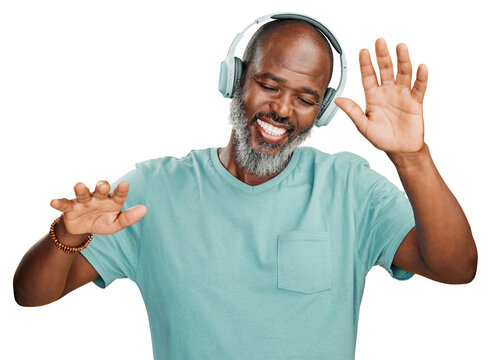 a happy carefree senior black man dancing while listening to music with headphones isolated on a png