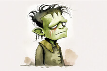 Cute Frankenstein Monster Halloween - Watercolor (Generative AI Art)