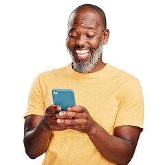 a happy african american man standing holding and using his cellphone to browse the internet. smilin