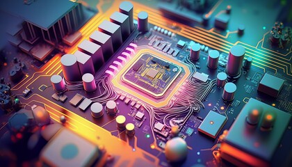 Poster - Micro circuit chip on motherboard background. Futuristic big data network. Generative AI technology.
