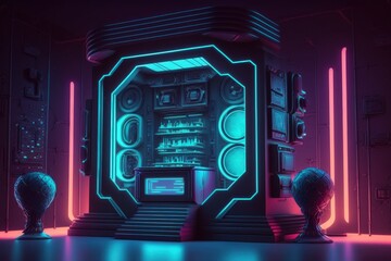 Wall Mural - Futuristic neon glow chamber, virtual reality simulation and metaverse, scene stand pedestal stage, and abstract illustration video game of sci fi gaming cyberpunk. Generative AI