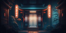 Neon Lit Entrance To A Traditional Japanese Temple. Cyberpunk Style Futuristic Scene At Night. Illustration. Generative AI