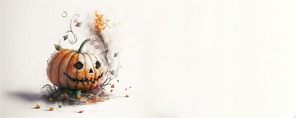 Poster - Carved Pumpkin Halloween - Watercolor (Generative AI Art) - with copy space