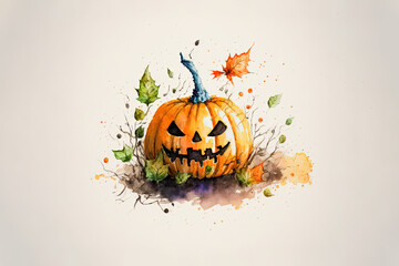 Wall Mural - Carved Pumpkin Halloween - Watercolor (Generative AI Art)