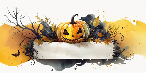 Wall Mural - Carved Pumpkin Banner Halloween - Watercolor (Generative AI Art) - with copy space