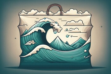 Wall Mural - concept of pollution. ocean waves carrying a plastic bag with copy space. generative ai