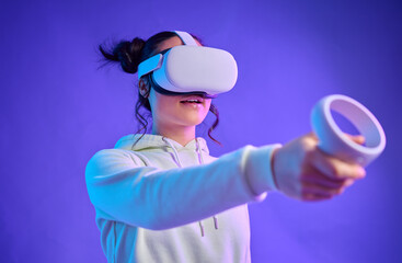 Poster - Metaverse, virtual reality headset and a woman with futuristic gaming, cyber and 3d world hand controller. Gamer person with for ar, digital experience and creative cyberpunk purple background mockup