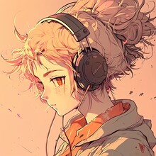 Beautiful Anime Girl Listening To Lofi Hip Hop Music With Headphones. Manga, Cartoon Drawing Generative AI