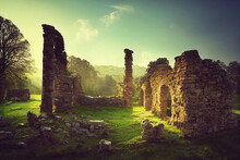 A Summer Afternoon Fantasy Landscape Of Old Stone Wall Ruins, Old Stone House Ruins - Generative AI