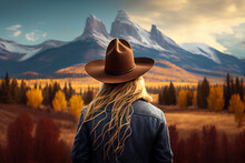 Cowboy Hat On Long Hair Blonde Woman In Autumn Mountain Back View - Generative AI