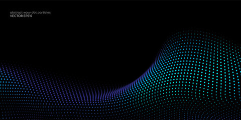 flowing dot particles wave curve pattern blue and green gradient light isolated on black background.
